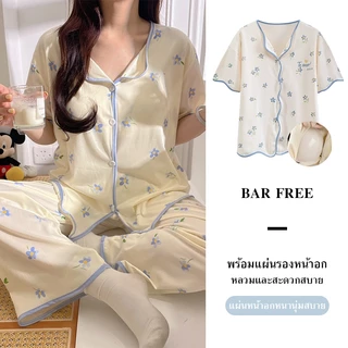 ชุดนอนแขนสั้น-ขายาว ชุดนอนผู้หญิง มีบราในตัว ลายแมว ใส่อยู่บ้าน ใส่นอน เนื้อผ้าคุณภาพดี พร้อมส่ง