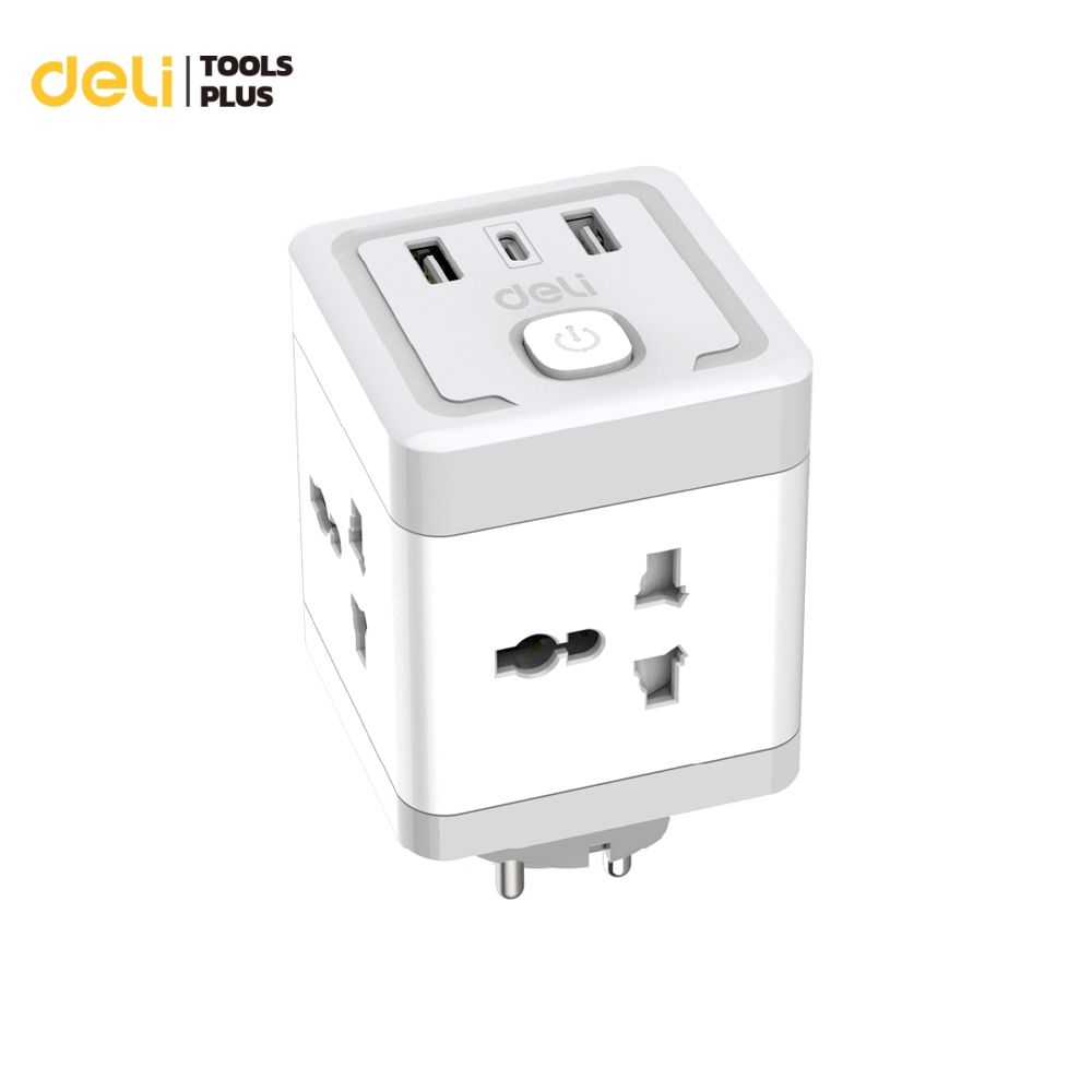 Deli อแดปเตอร์ หัวแปลงปลั๊กสากล ปลั๊กสองขากลม พร้อมช่องเสียบUSB-A C มีปุ่มเปิด-ปิด Socket USB Adapter