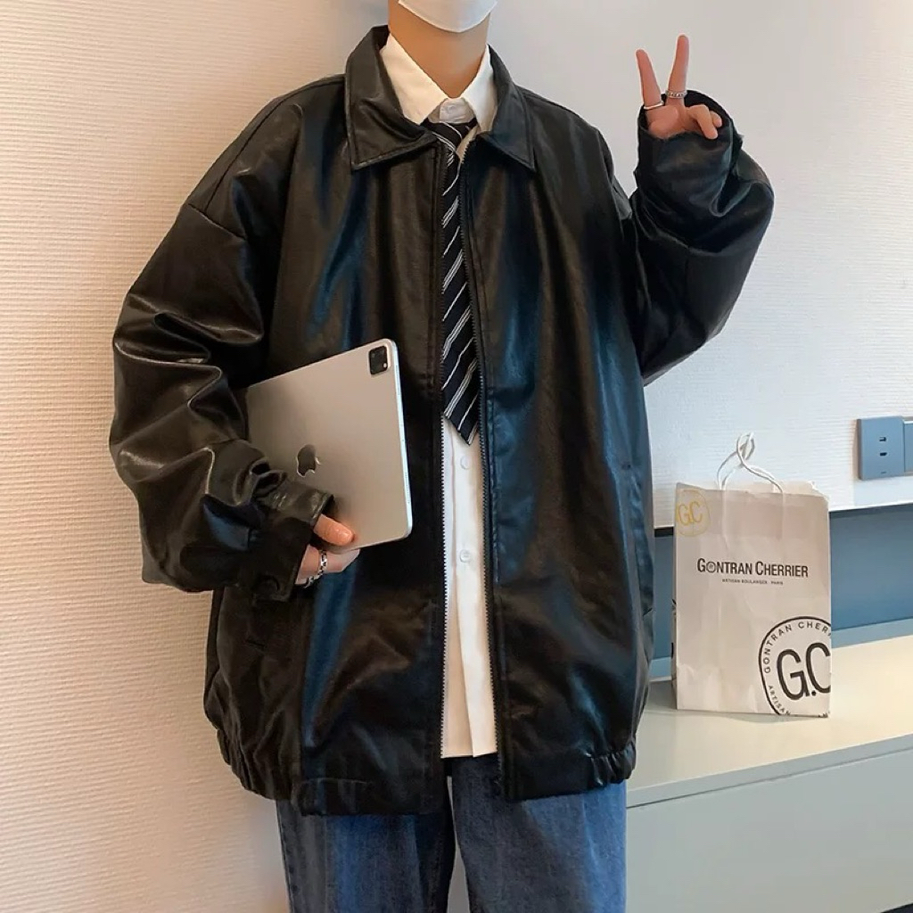 Allshoppa | Leather Jacket เสื้อแจ็คเก็ตหนังผู้ชาย เสื้อคลุมหนังผู้ชาย สไตล์เกาหลี 🖤