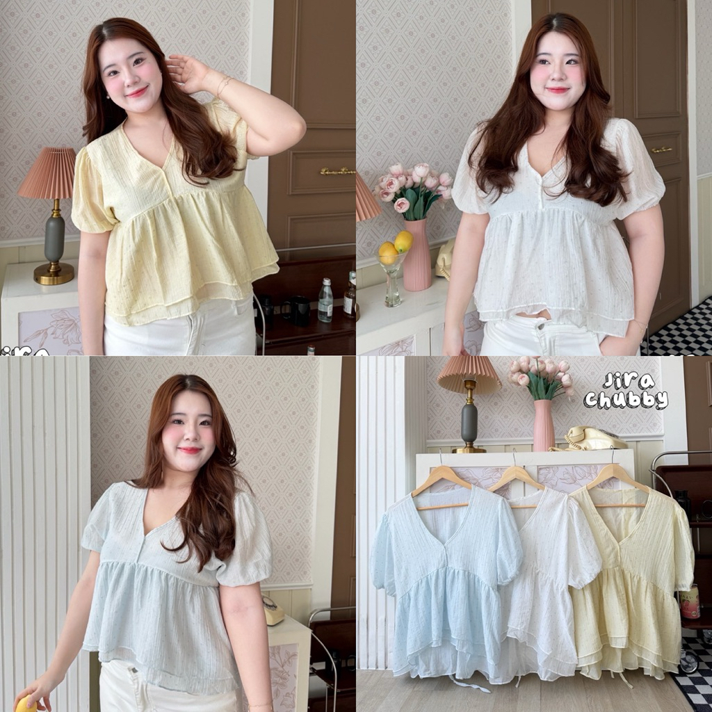 /JR/ เสื้อคอวีแขนจั๊ม สาวอวบ ไซส์อก38-50 ผ้าลายหัวใจกลิตเตอร์เล็กๆ ต่อชาย2ชั้น มีสายผูกเอว น่ารักมาก #พลัสไซส์
