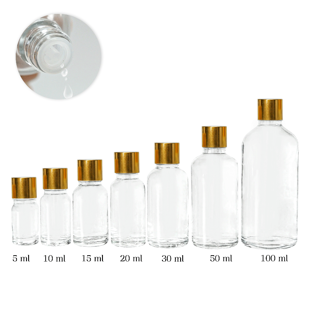 [Coss Pkg.] ขวดแก้วสีใส YB18-PURE 5ml-100ml ฝาอโรมา น้ำมันหอมระเหย สำหรับขวดเซรั่ม พร้อมส่ง ราคาถูก