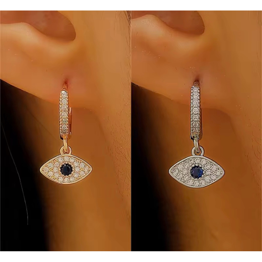 Zircon Ear Evil Eye Hoop Earrings ต่างหู Evil Eye แบบห่วง งานสแตนเลส ใส่อาบน้ำได้ สินค้าจากตุรกี