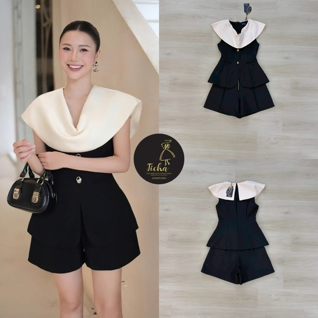 Ticha brand Set 2 ชิ้น เสื้อ+กางเกง  เสื้อแขนกุดสีดำ คอถ่วง ดีเทลแต่งอ่ะไหล่ทอง
