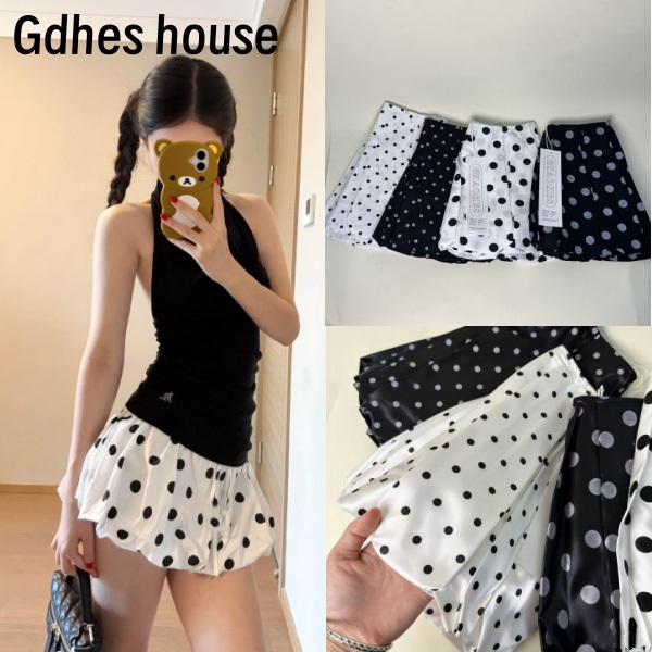 Gdhes house  กระโปรงสั้นลายจุด สีดำสีขาว มีซับใน กระโปรงสั้นพองๆน่ารักสไตล์เกาหลี #2047