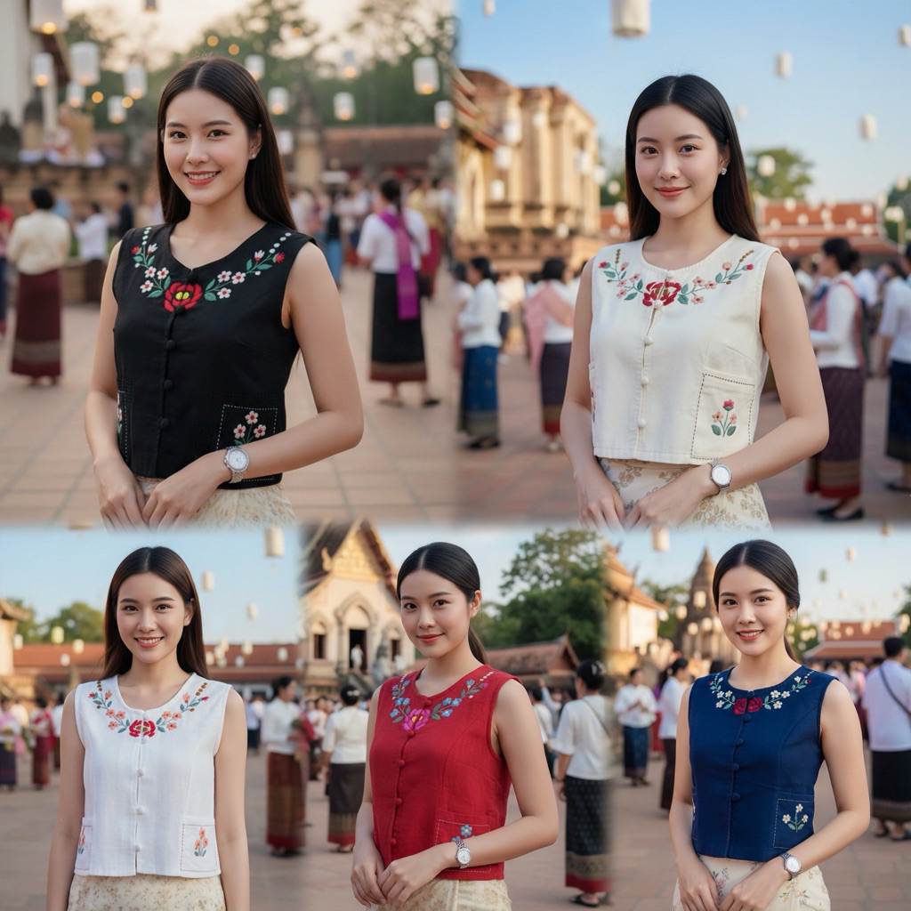 เสื้อพื้นเมืองผู้หญิงแขนกุด ปักดอกด้วยมือ