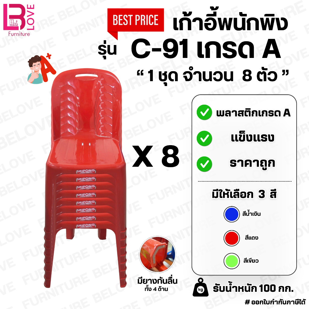 ( C-91 ชุด 8 ตัว ) เกรด A เก้าอี้พลาสติก ราคาถูกสุด รุ่น C-91 รับน้ำหนักได้ 100 กก.