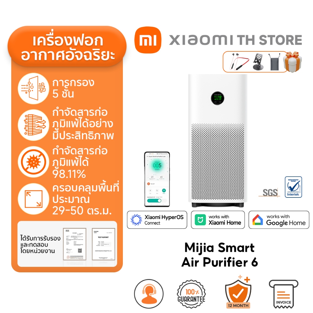 Xiaomi Mijia Smart Air Purifier 6 ฟอกอากาศ I เซ็นเซอร์ฝุ่น I การฆ่าเชื้อด้วย UVC I จอแสดงผล LCD สี I