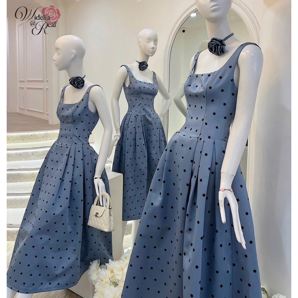 เดรสตัวยาวสายเดี่ยวคอเหลี่ยมผ้าดีมากมีโชคเกอร์ดอกไม้อกมีฟองน้ำซิปหลังกระโปรงทรงบานเย็บจีบหน้าและหลังลายจุด - รูปที่ 4