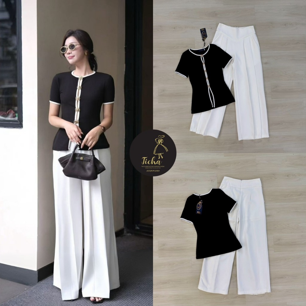 Ticha brand TCH002 ชุดเซต 2 ชิ้น  เสื้อแขนสั้นสีดำคอกลม แมทช์ กางเกงขายาว