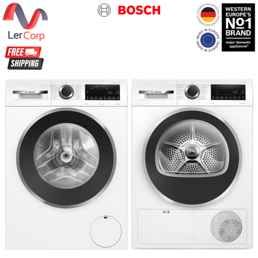 (Bosch) เครื่องซักผ้าฝาหน้า ซีรีส์ 6 10 กก.WGG45400TH + เครื่องอบผ้าเทคโนโลยี heat pump 9 kg รุ่น WQ