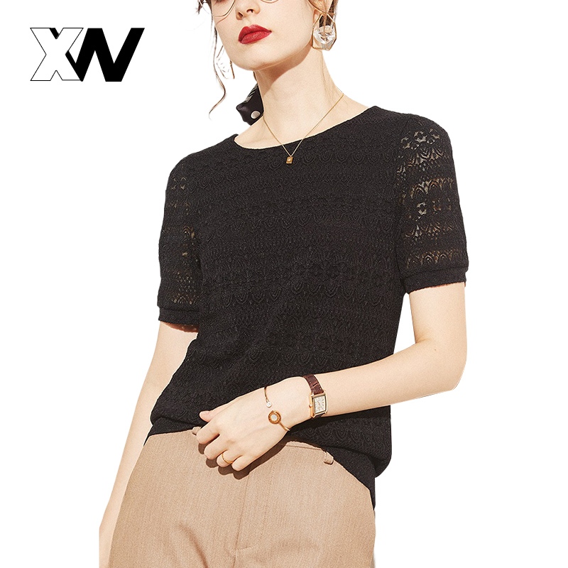 XWbrand   เสื้อลูกไม้คอกลมแขนสั้น ดีไซน์รีดทรวงหรูหรา สวมใส่ได้หลายโอกาส ทันสมัยสวมใส่สบาย ราคาย่อมเยา