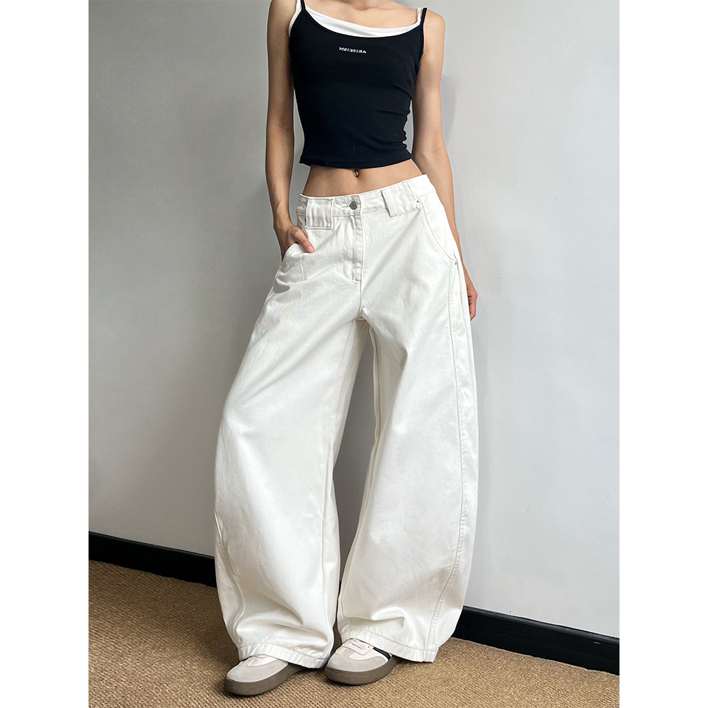 กางเกงยีนส์ผู้หญิงสีขาวสไตล์เกาหลีวินเทจ ขาบานทรงกล้วย หลวม มิกซ์แอนด์แมทช์ได้ทุกสไตล์