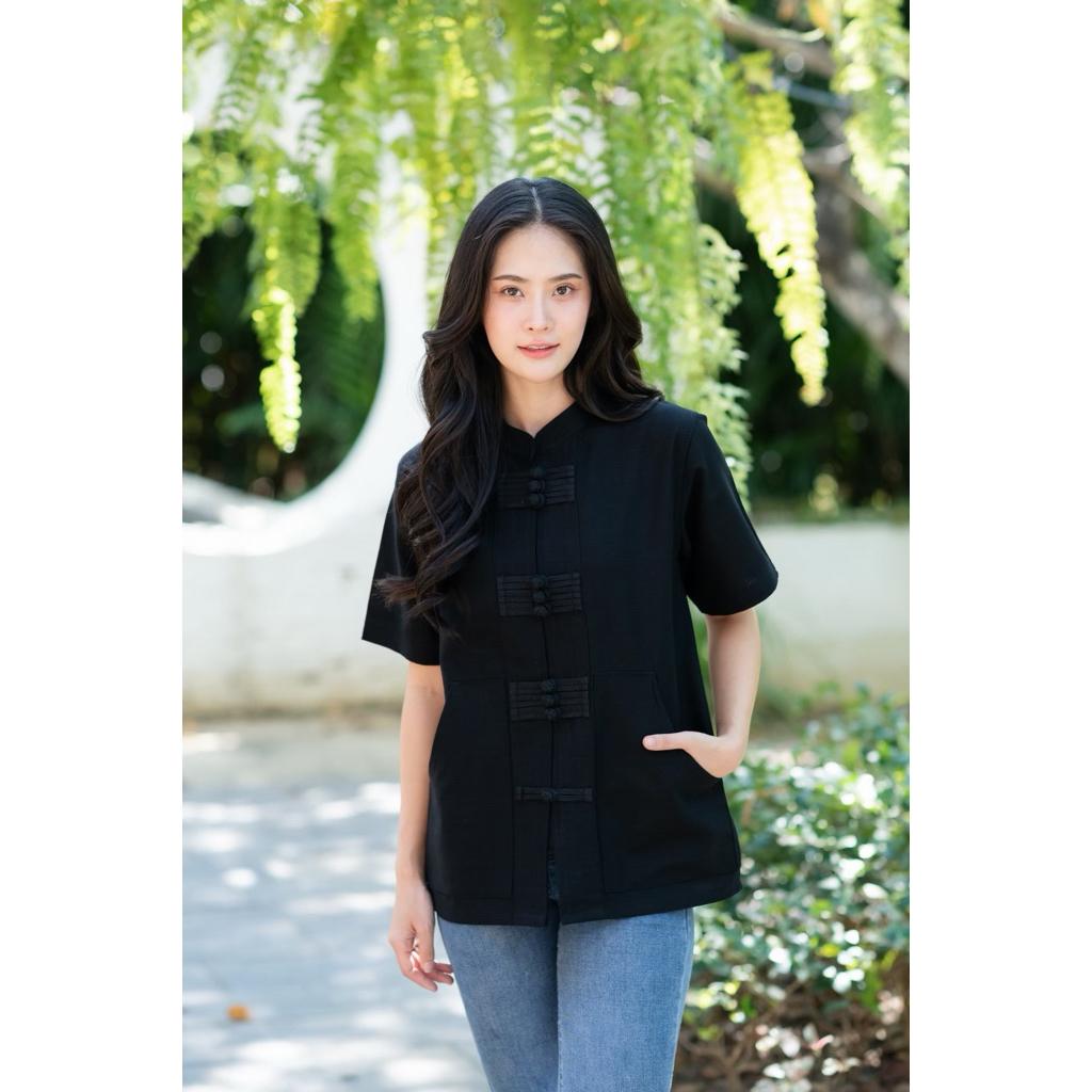 เสื้อผ้าฝ้ายพื้นเมือง ผ้าชินมัย แบบคอจีนผ่าหน้า แขนสั้น