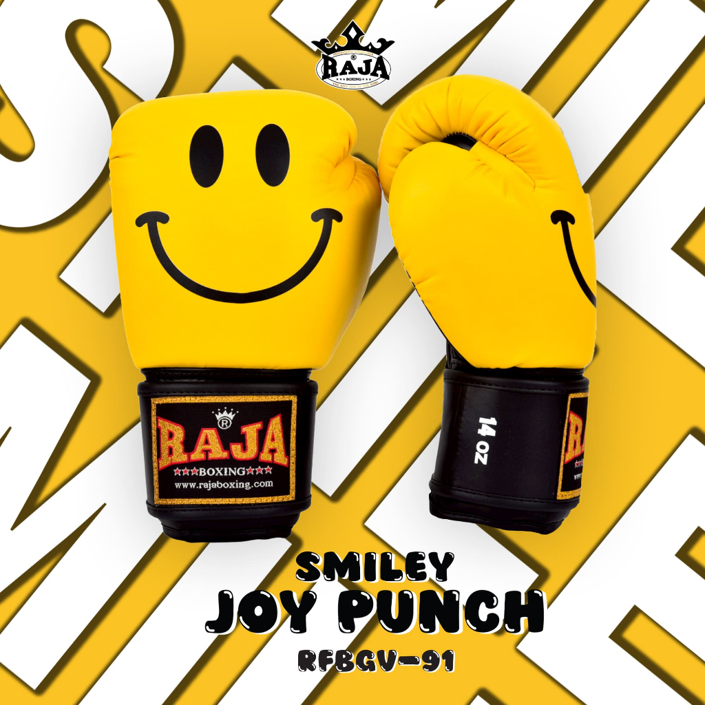 นวมมวยไทยลาย นวมลายแฟนซี นวมชกมวย สกรีนพิเศษ สวยๆ ลายยิ้ม RAJA BOXING Fancy Gloves Muay Thai