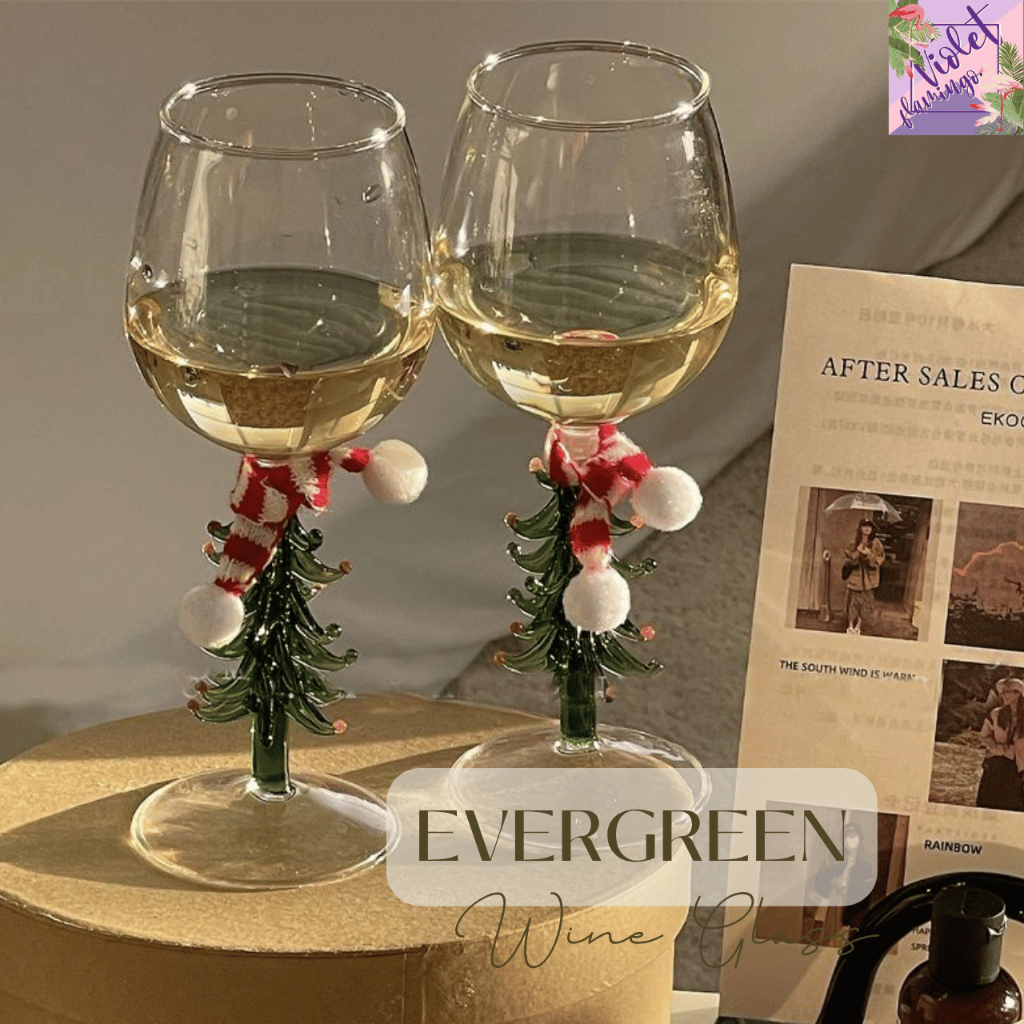 Violet Flamingo Evergreen Wine Glass แก้วไวน์เป่ามือดีไซน์ก้านต้นสน 350 มล.ทำจาก High Borosilicate Glass ทนความร้อน-เย็น
