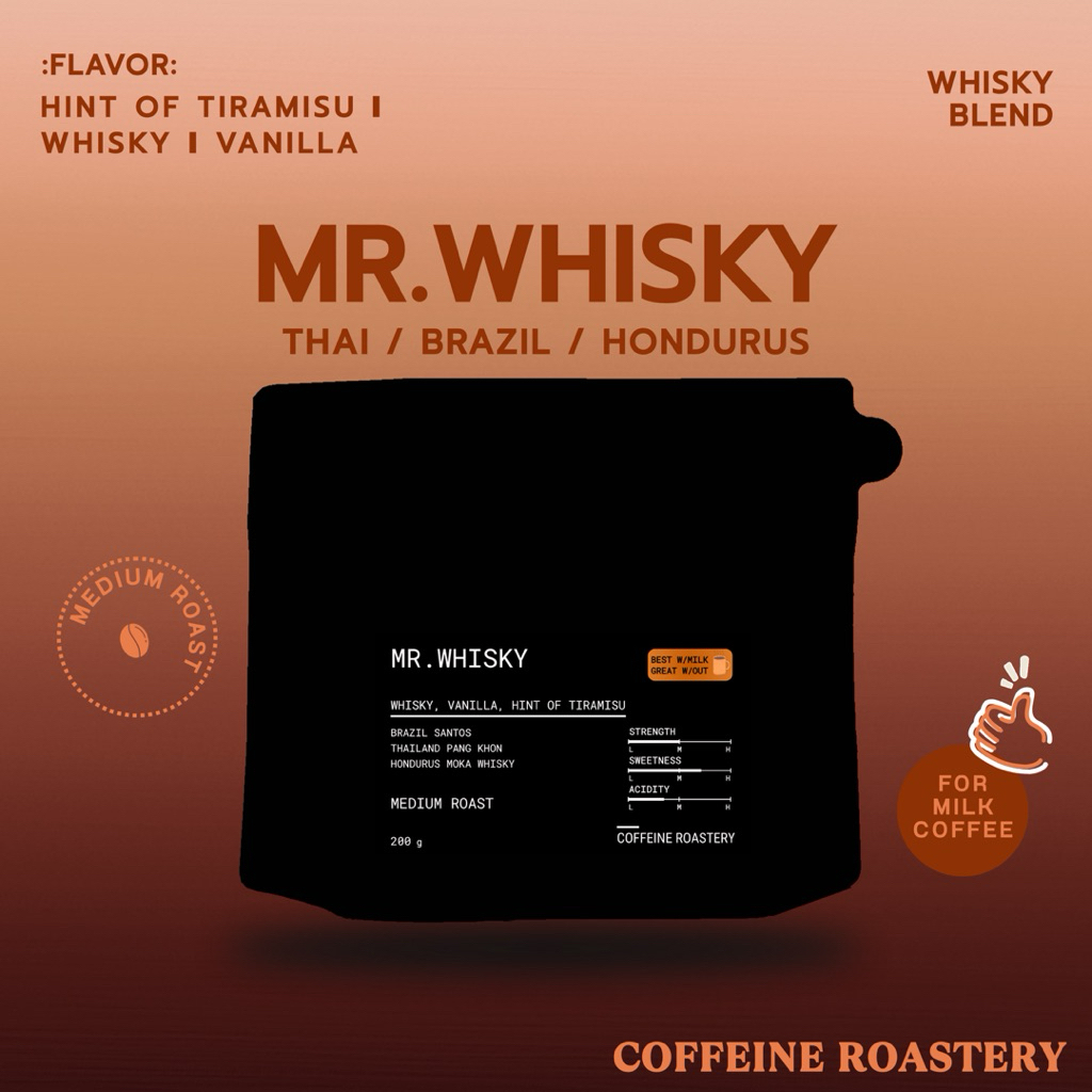 เมล็ดกาแฟ Mr.Whisky blend (ไทย-บราซิล-ฮอนดูรัส) คั่วกลาง [Coffeine Roastery]