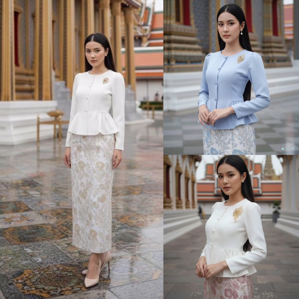 (M-3XL)ชุดเซตผ้าไทย มี3สี เสื้อคอกลม แขนยาว เอวระบาย+ผ้าถุงผ้าทอนูนลายดอกทรงป้ายหน้าผ่าหลัง สวยมาก ทรงสวย ใส่ออกงาน