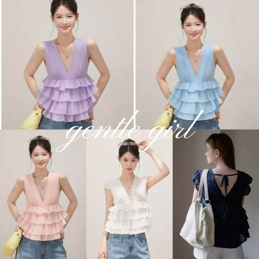 #GG🎀เสื้อคอวีสำหรับผู้หญิงในช่วงฤดูร้อน เสื้อกล้ามลูกไม้แขนกุดผ้าชีฟองแบบเปิดหลังตัวใหม่ สไตล์เกาหลี