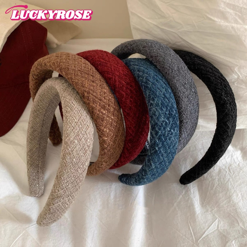 LUCKYROSE ที่คาดผมสตรีสำหรับฤดูหนาว ผ้านิตติ้งและผ้าขนหนู ฟองน้ำเสริมทรงศีรษะ ดูหน้าเล็กลง