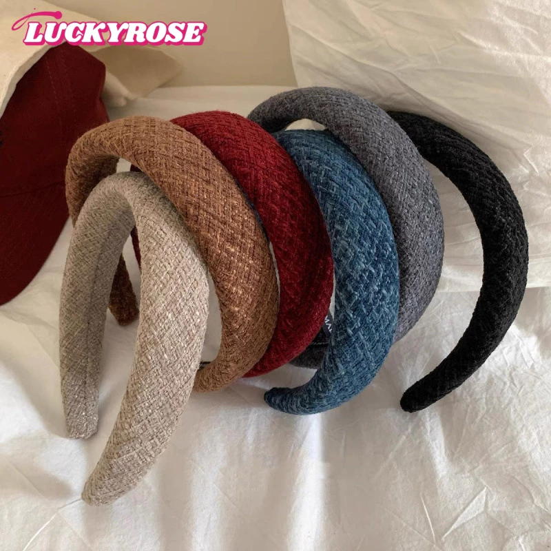 LUCKYROSE ที่คาดผมสตรีสำหรับฤดูหนาว ผ้านิตติ้งและผ้าขนหนู ฟองน้ำเสริมทรงศีรษะ ดูหน้าเล็กลง