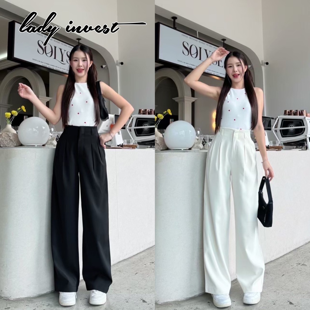 Momo Pants ขอบในตัว ยาว42นิ้ว กางเกงทรงกระบอกกลาง พรางหุ่น พรางสะโพก ใส่ทำงาน ผ้าพริ้ว LT34