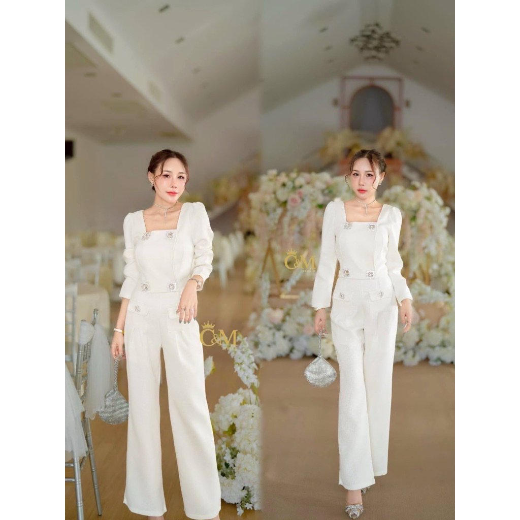 A744 🔖C&M STUDIO เซตเสื้อครอปสูทผ้าทวิต แต่งกระดุมเพชร 4 เม็ดใหญ่ด้านหน้า