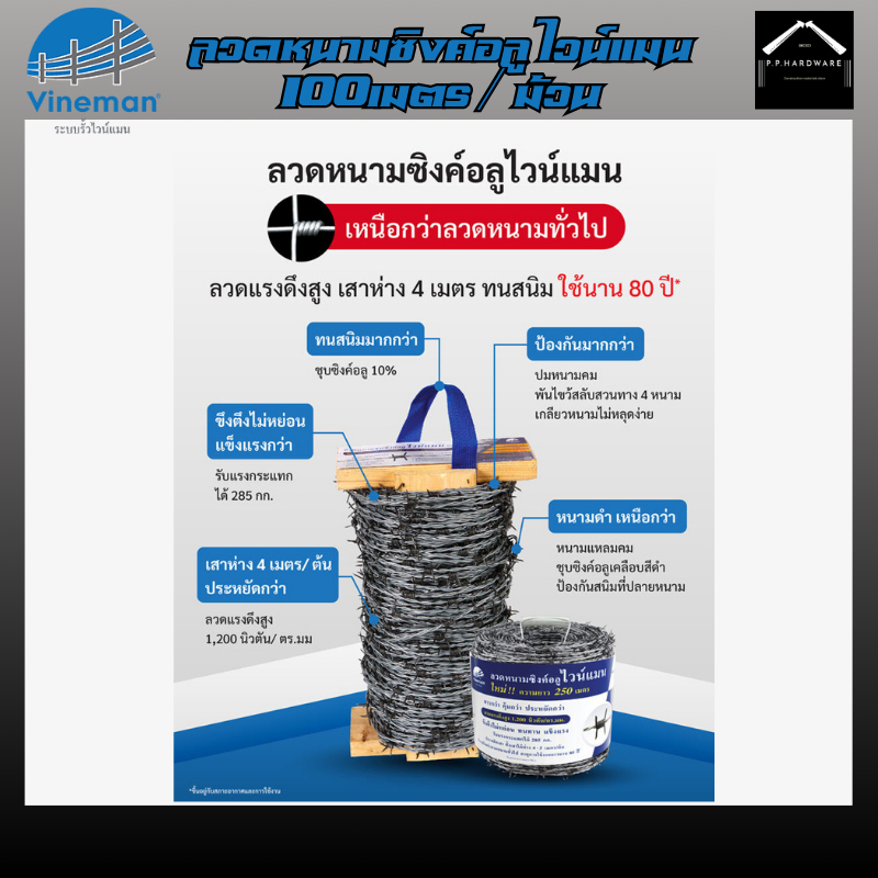 Vineman ลวดหนามไวน์แมน อลูซิงค์ ไม่เป็นสนิม ทนสนิม ลวดเบอร์ #15 ความยาว100ม./ม้วน