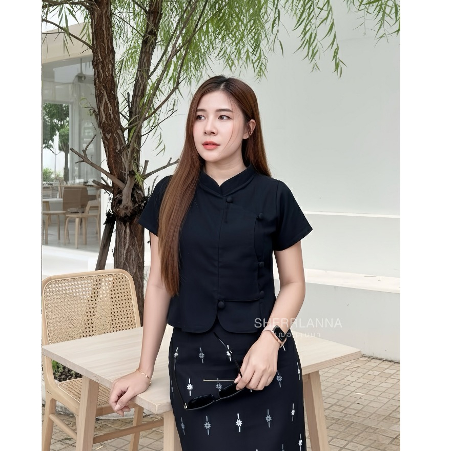 เสื้อผ้าฝ้ายคอจีนป้ายหน้ากระดุมปั๊ม