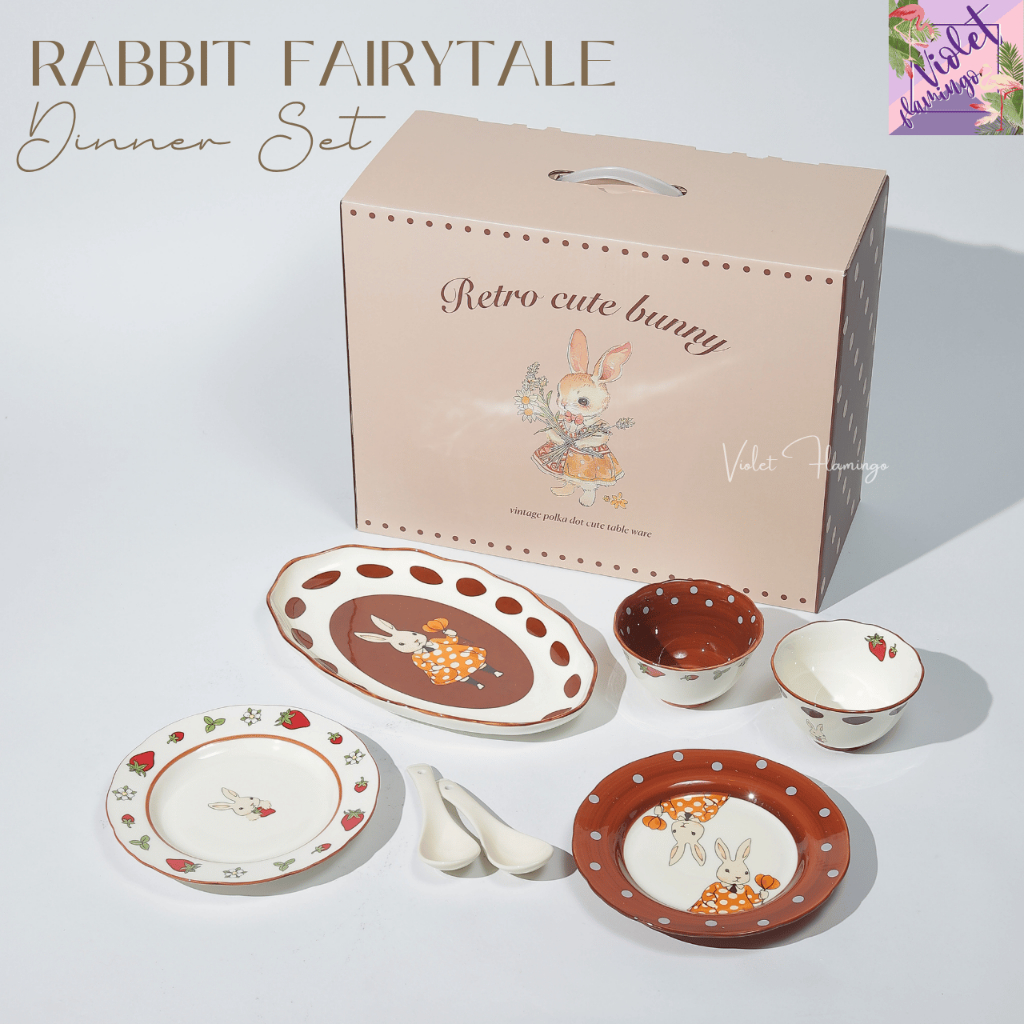 Violet Flamingo ชุดจานชามพร้อมกล่องของขวัญ Rabbit Fairy Tales Dinner Set กล่องลายกระต่ายน่ารัก จานชามเข้าไมโครเวฟได้