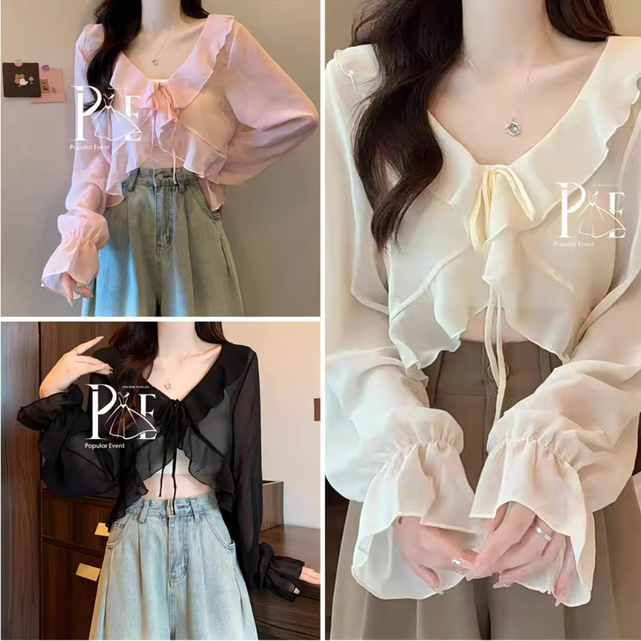 เสื้อคลุมแขนยาวงานชีฟองบาง ดีเทลเชือกผูกโบว์ด้านหน้า แนวสาวเกาหลี ชายแต่งระบาย ผ้าดีใส่สบาย น่ารักมาก