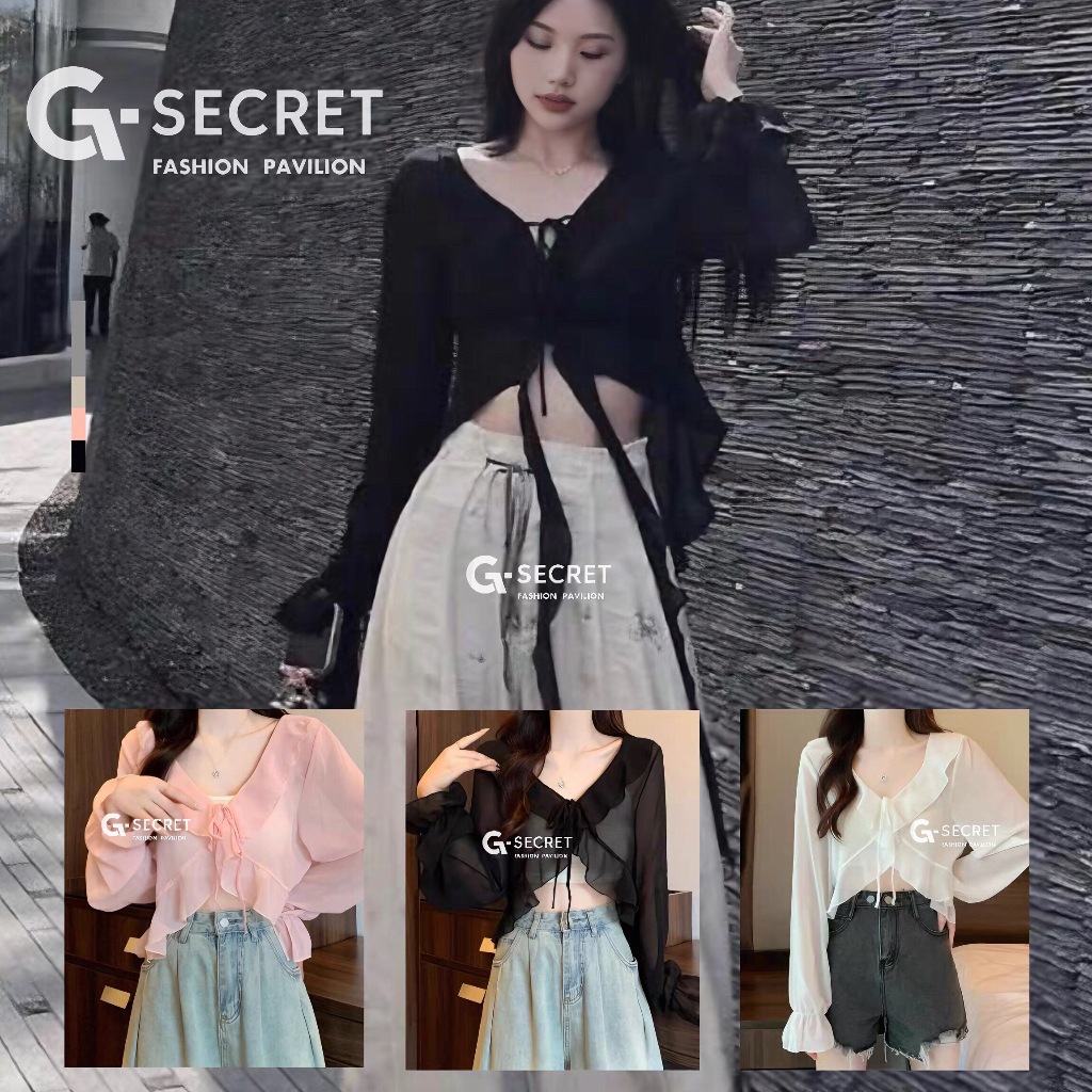 เสื้อคลุมแขนยาวงานชีฟองบาง ดีเทลเชือกผูกโบว์ด้านหน้า แนวสาวเกาหลี ชายแต่งระบาย ผ้าดีใส่สบาย น่ารักมาก