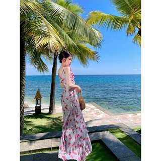 แม็กซี่เดรสลายดอก ทรงหางปลา คอระบาย2ชั้น ชุดไปทะเล เดรสซัมเมอร์ ผ้าตาข่ายมีซับในเต็มตัว แขนกุด #8161