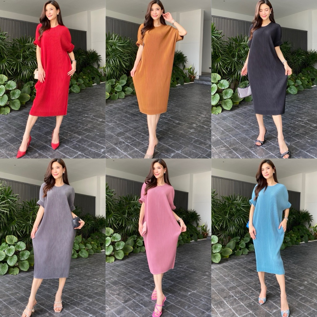 เดรสอัดพลีทชามัวร์สีเรียบผ้าดีใส่สบายไซด์ใหญ่ค่ะ