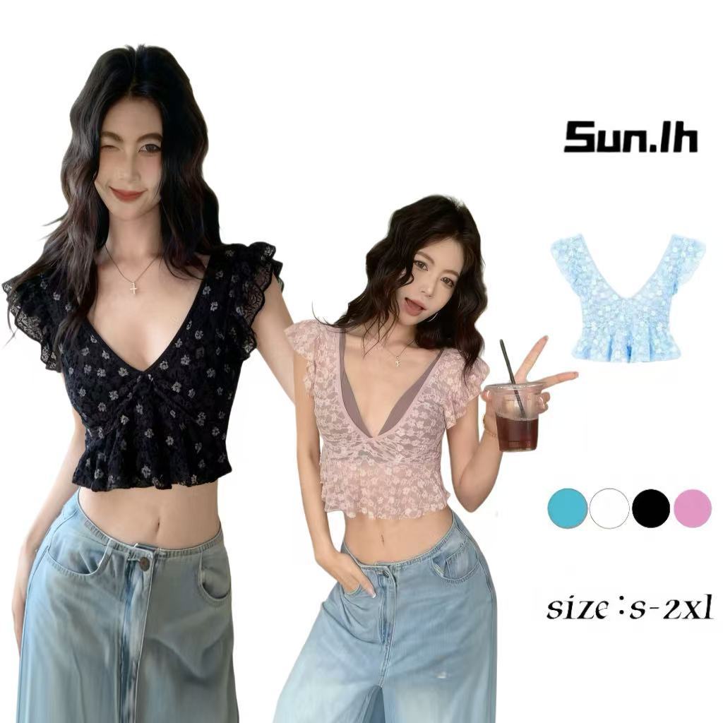 SUN🛍️สินค้าพร้อมส่ง🛍️เสื้อลูกไม้โปรโมชั่น ดีไซน์คอวีลึก เหมาะสำหรับใส่หน้าร้อน สไตล์ศิลปินชาวฝรั่งเศส มีสีชมพูสดใส ฟ้า ข