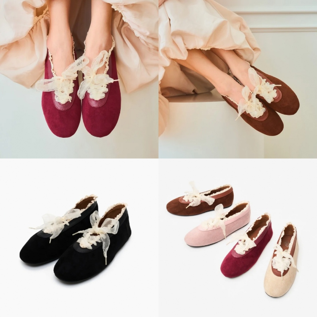 MellowCo. รองเท้าบัลเล่ต์หนังกลับตัดขอบลูกไม้ Ballet Flats รุ่น Lacie M6-J5019