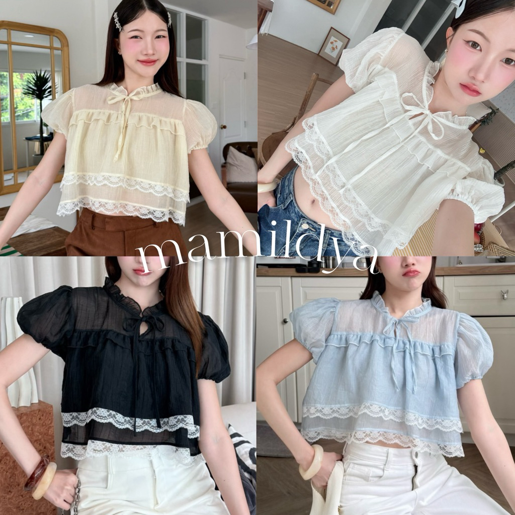 🌟Mamildya.shop🌟 เสื้อโรซี่แต่งระบาย2 ชั้น ขอบลูกไม้หยัก สวยมากๆ/T3-3 /TOT-โรซี่⚫