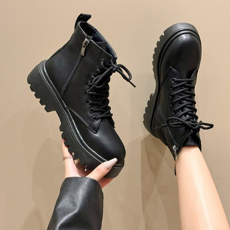 คุณภาพสูง 🏆พร้อมส่ง รองเท้าบูทหุ้มข้อ มีซิปข้าง เสริมส้น 4 เซน หนังด้าน