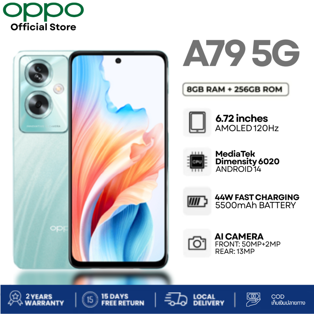 🔥OPPO A79 5G (8+256GB) จอใหญ่ ชิปแรง Dimensity 810 กล้อง 50MP ชาร์จไว 33W ของแท้ มีประกันศูนย์ 5 ปี🔥