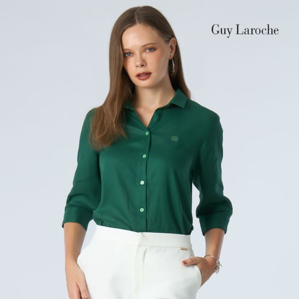 Guy Laroche เสื้อเชิ้ตผู้หญิง ไลท์ ลินิน แขนสามส่วน สีเขียวมอส G9U4DR