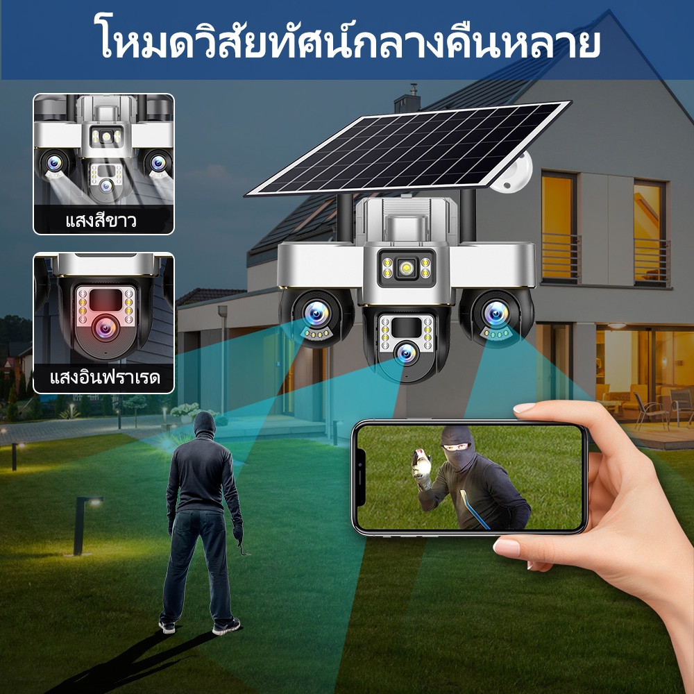 V380 Max Wifi พลังงานแสงอาทิตย์ VTS30 IP66 ไร้สายกันน้ำกลางแจ้ง สามเลนส์ กล้องวงจรปิด แบตเตอรี่ในตัว 4G ซิมการ์ด - รูปที่ 6