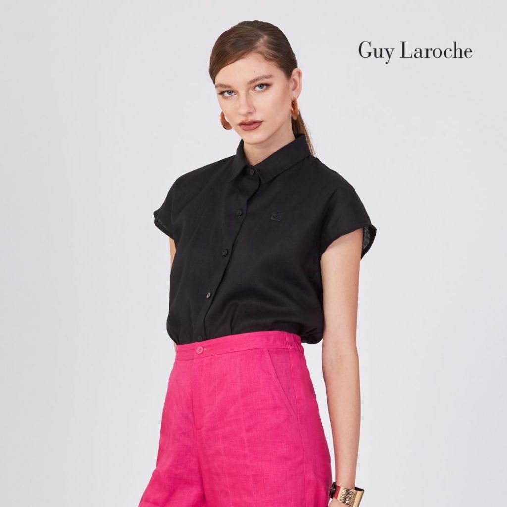 Guy Laroche เสื้อเชิ๊ตผู้หญิง Light linen แขนล้ำ สีดำ G9U3BL