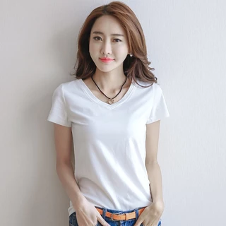 เสื้อสีดำ คอกลมคอวีสีพื่้น แฟชั่นฤดูร้อน ผู้หญิง แขนสั้น เนื้อผ้านุ่มเย็นสบาย