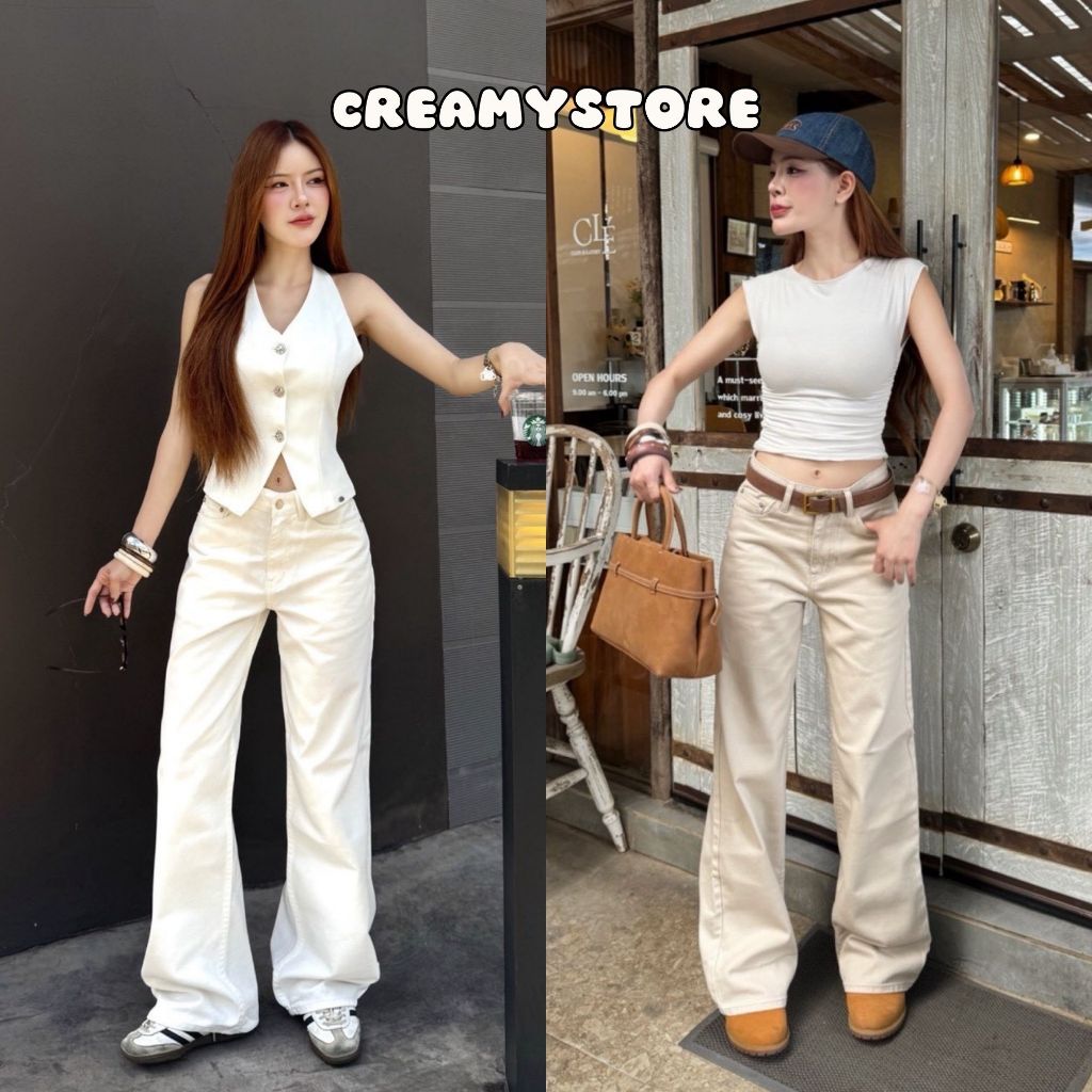CreamyStore กางเกงยีนส์ขากระบอกเอวต่ำ ผ้าสีขาว เบจ ป้ายYam Jeans ผ้าไม่ยืด