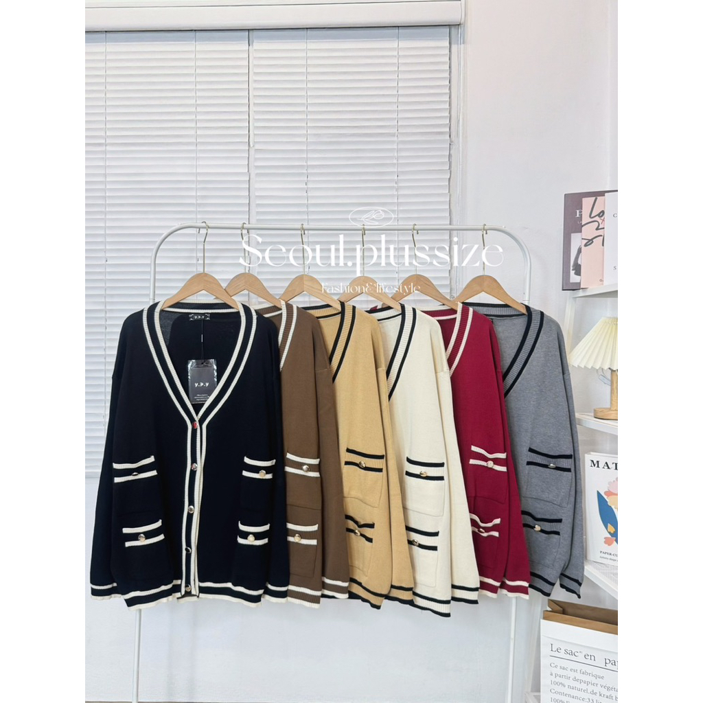 Kari knitt v.2 เสื้อไหมพรมงานเกาหลีแขนยาวแต่งขอบ อก 43-70+