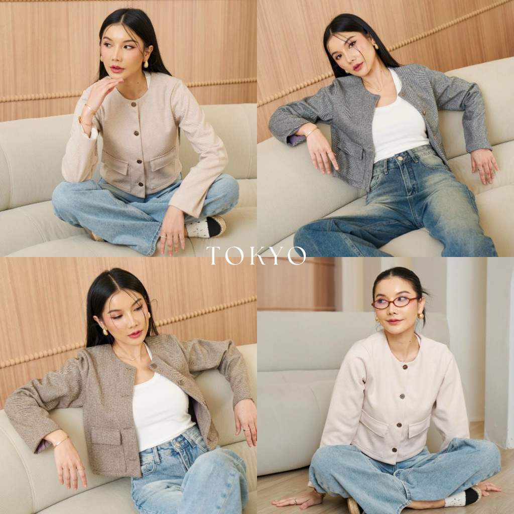TOKYO BLAZER เสื้อเบลเซอร์ผ้าทวีตเนื้อหนานุ่ม ดีเทลแต่งกระดุมและกระเป๋าที่ด้านหน้า