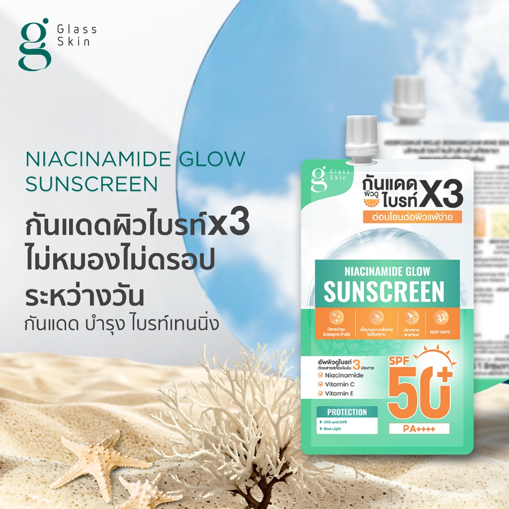 1 กล่อง [6 ซอง/กล่อง] Glass Skin Niacinamide Glow Sunscreen - กันแดดซอง 3in1