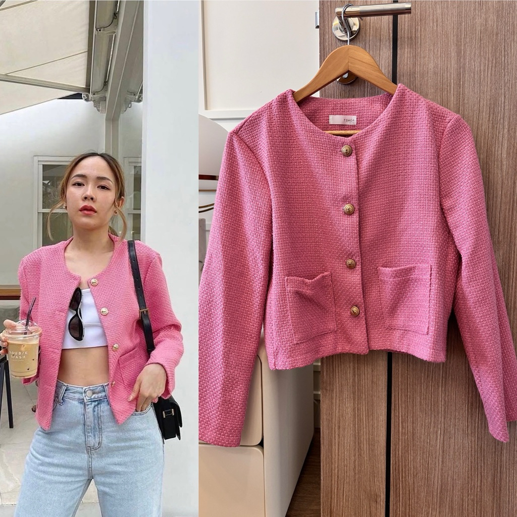 tshop tweed blazer สีชมพู ใส่ครั้งเดียว 490.-