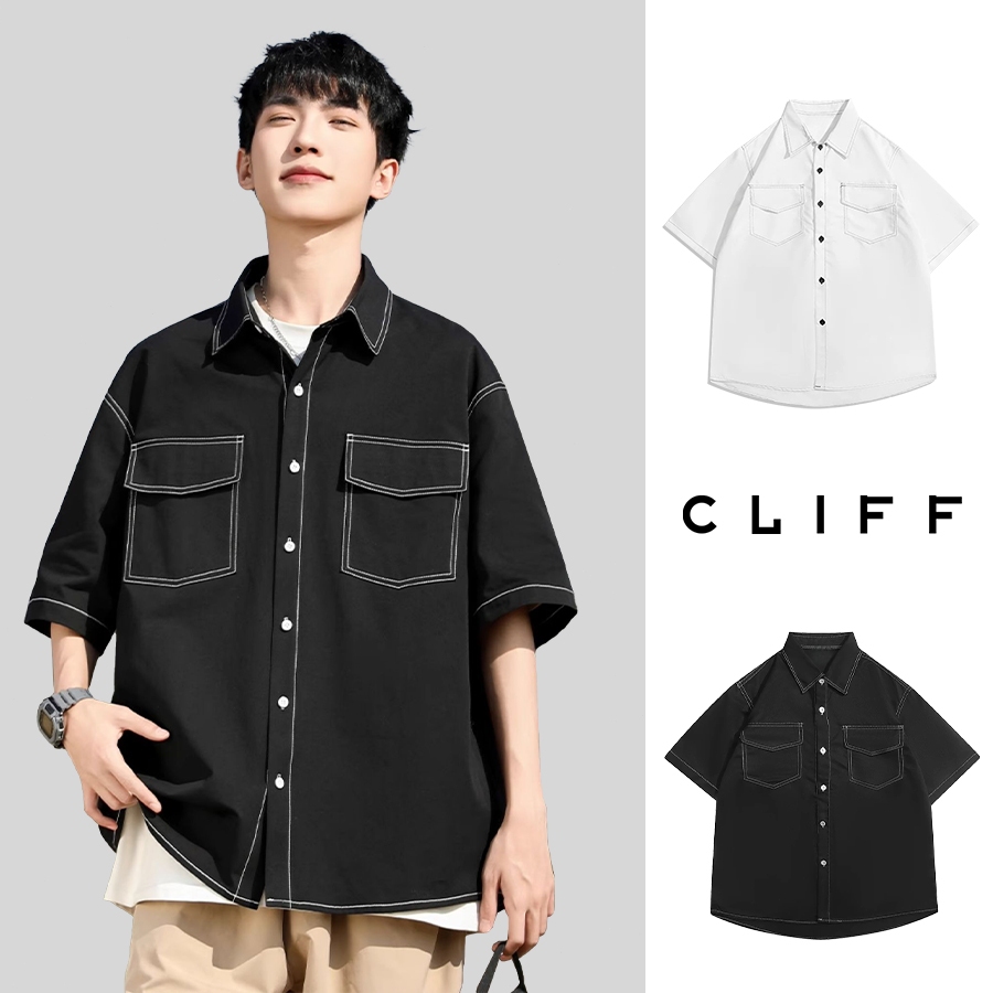 CLIFFเสื้อเชิ้ตแขนสั้น แฟชั่นสไตล์ญี่ปุ่น  เรียบง่าย สําหรับผู้ชาย เสื้อเชิ้ตลําลอง ใส่ได้ทั้งชายและหญิง oversize