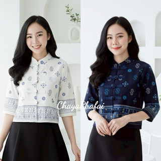 เสื้อผ้าฝ้ายอัดกาวคอจีนแขนสามส่วน ลายดอกรักราชกัญญา