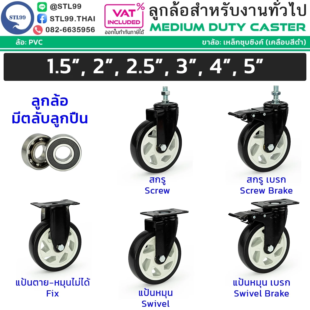ล้อรถเข็น ล้อโพลียูริเทน สีดำ 1.5" 2" 2.5" 3" 4" 5" ล้อ PVC ขาล้อ แบบปั๊มขึ้นรูป เหล็กชุบซิงค์ เคลือบสีดำ ล้อพียู PU
